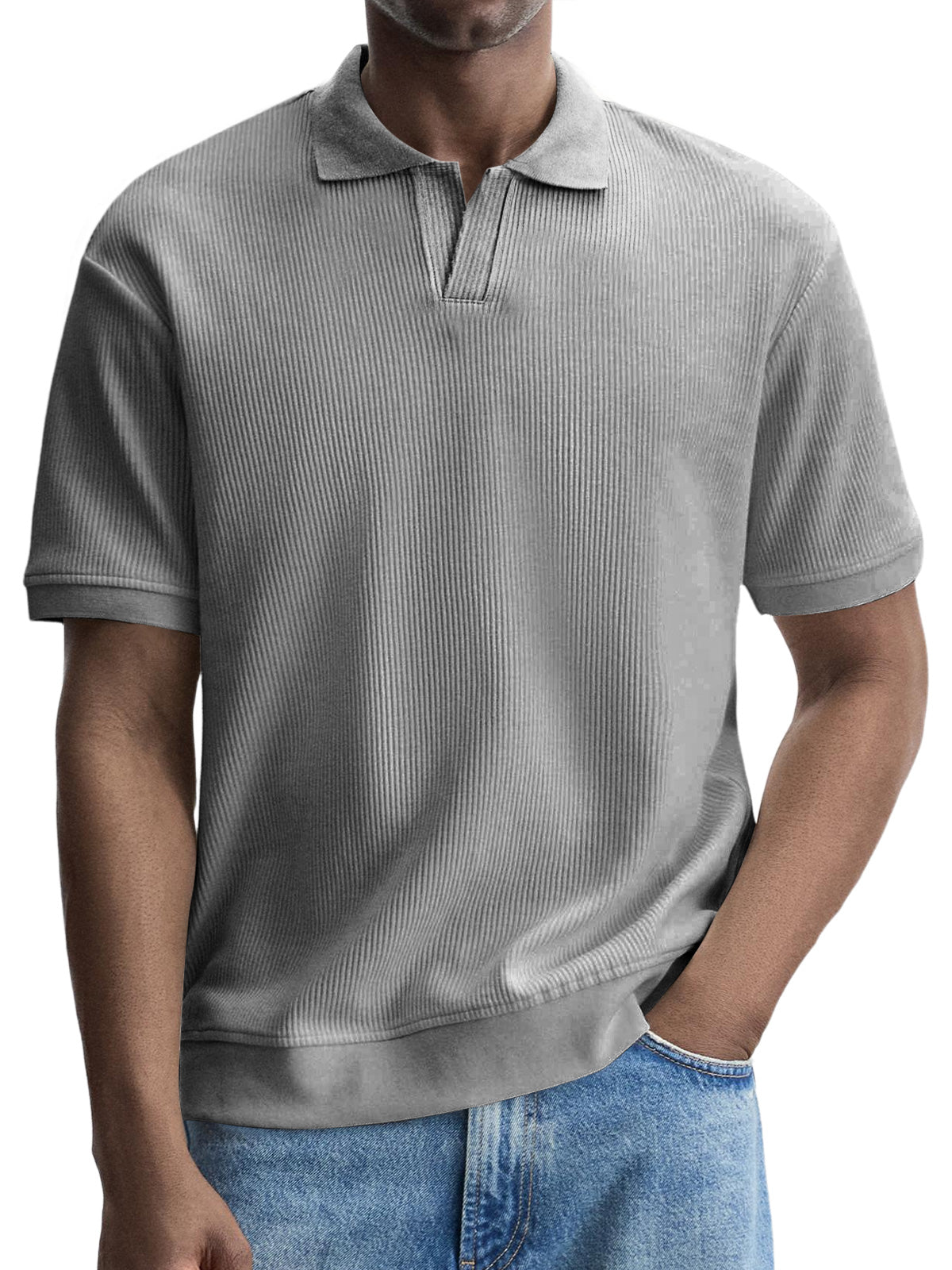 Men's Fashionable Casual Pitted V-neck Solid Color Short-sleeved Polo Shirt