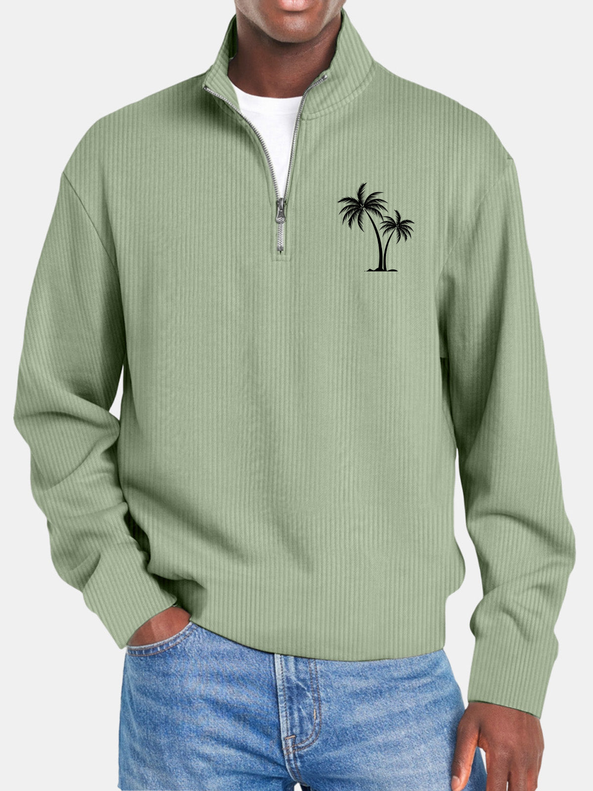 Men's Casual Solid Color Vertical Pit Stripe Coconut Tree Print Zipper Long Sleeve Top