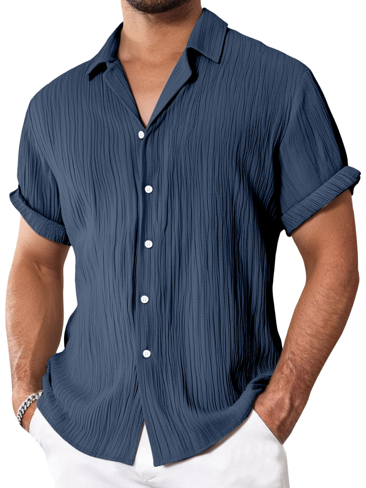 Men's Simple Everyday Textured Short Sleeve Lapel Button-down Shirt
