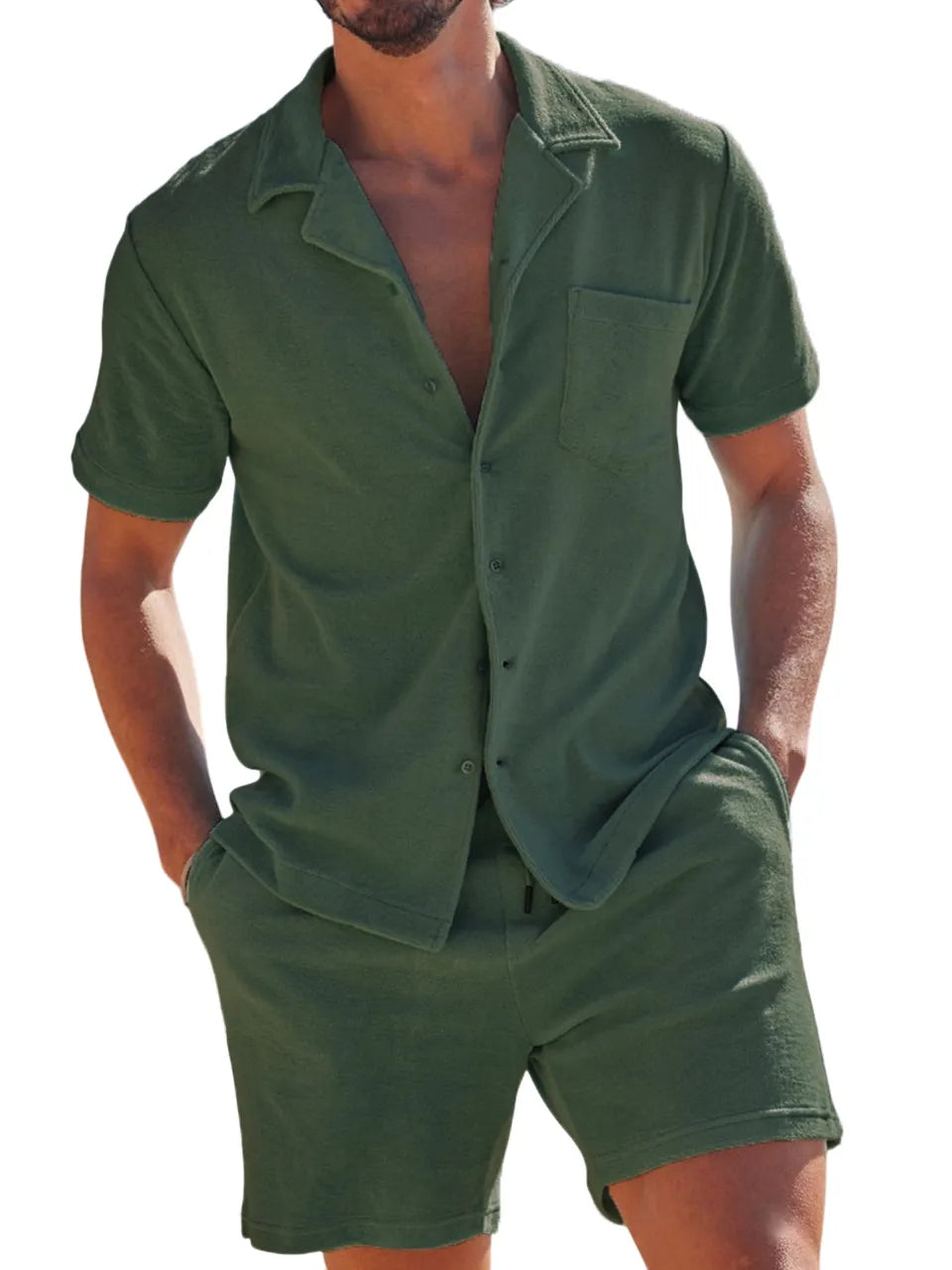 Men's Comfortable Terry Camp Collar Holiday Leisure Suit with Chest Pocket Short Sleeve Shirt Shorts Two-piece Set