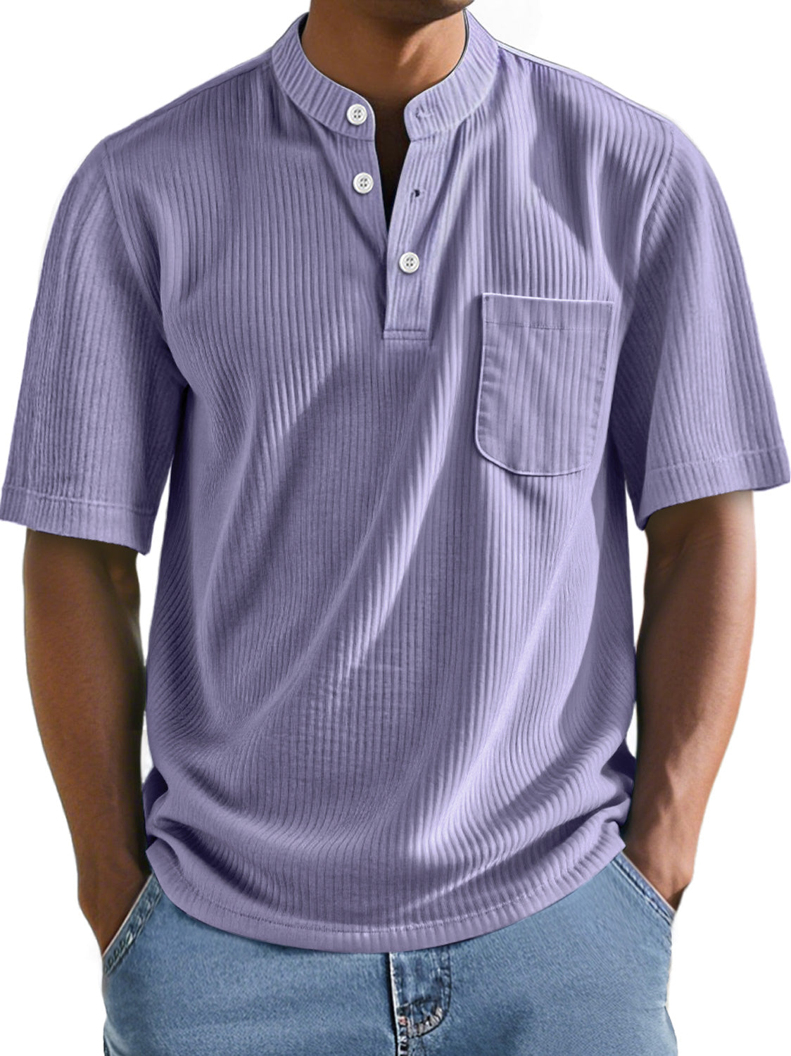 Men's Everyday Stand Collar Ribbed Pocket Comfort Short Sleeve Henley Shirt