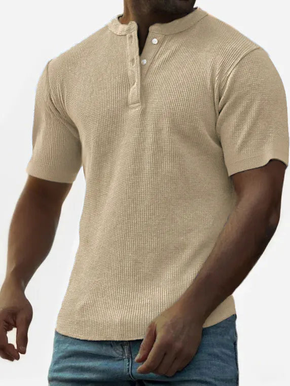 Men's Waffle Fashion Button-Down Henley Short Sleeve Top