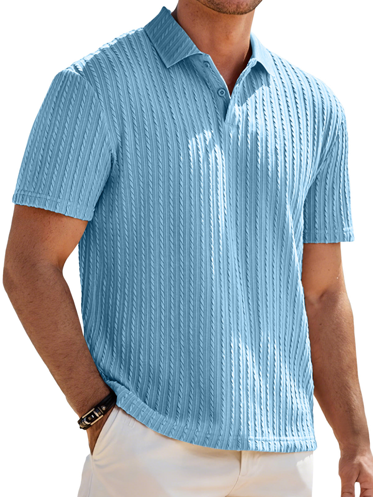 Men's Jacquard Texture Casual Lapel Button Solid Color Short-sleeved Polo Shirt