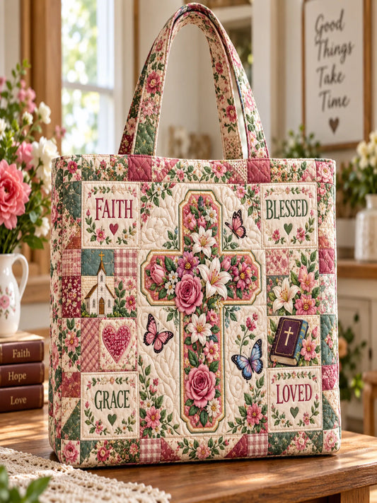 Faith Cross Floral Butterfly Patchwork Quilted Tote Bag