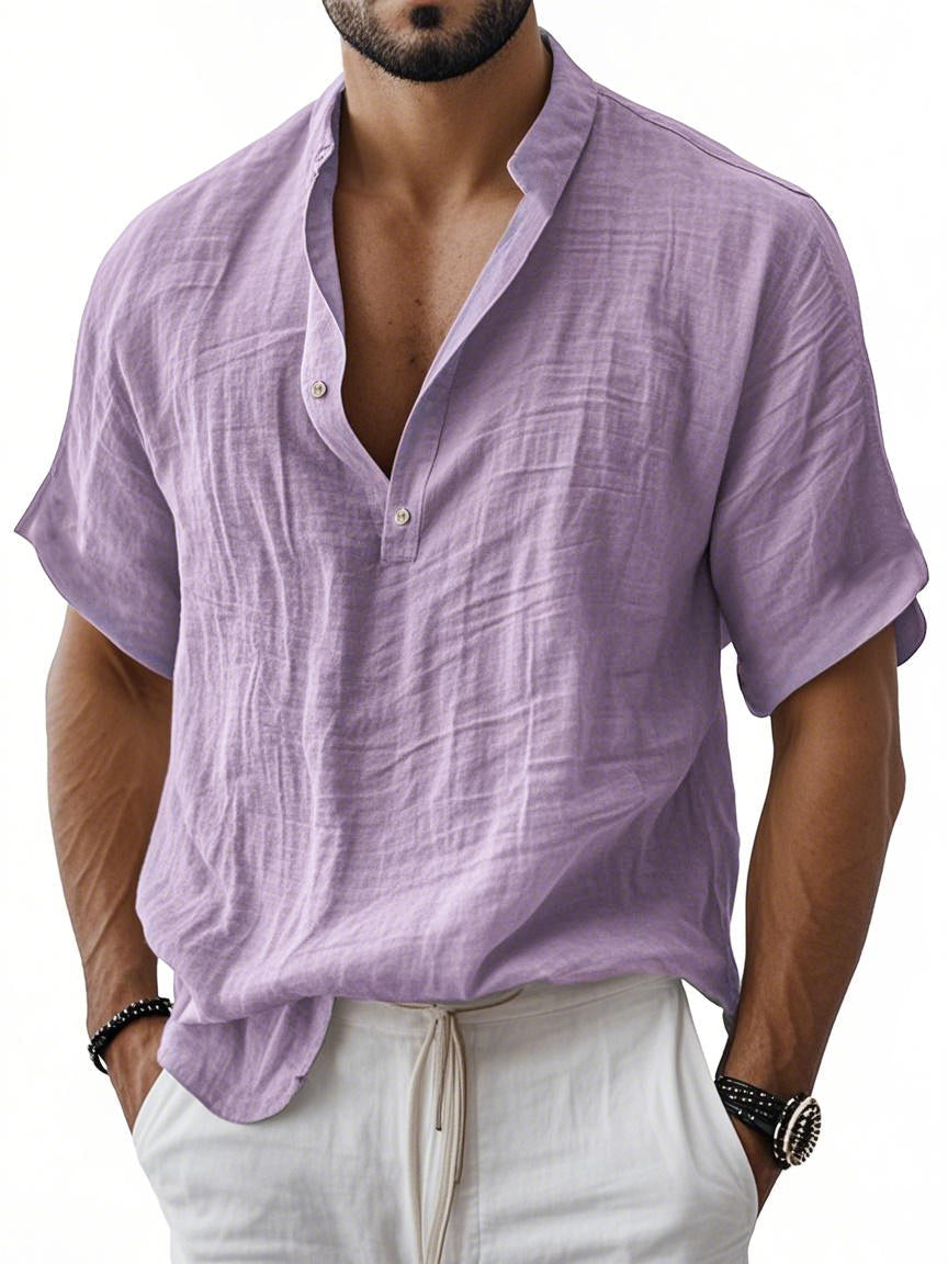 Men's Breathable Linen Henley Button Short Sleeve T-Shirt Henley Shirt